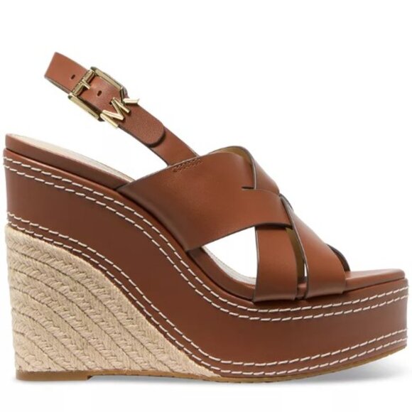 NWT Michael Kors Nora Wedge Leather Sandals 7 MSRP $150 Luggage - Picture 3 of 5